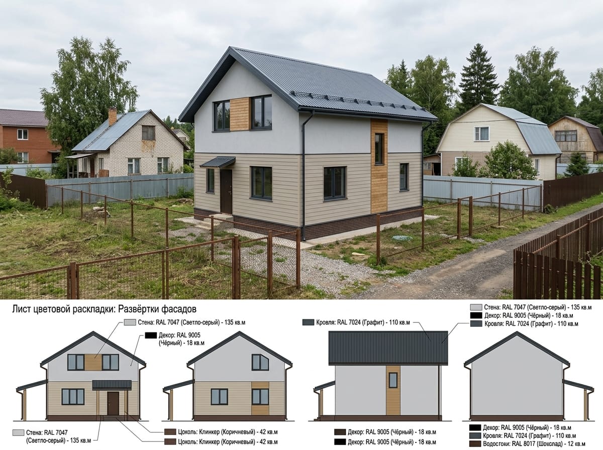 Лист проекта с цветовой раскладкой фасада и кодами по зонам