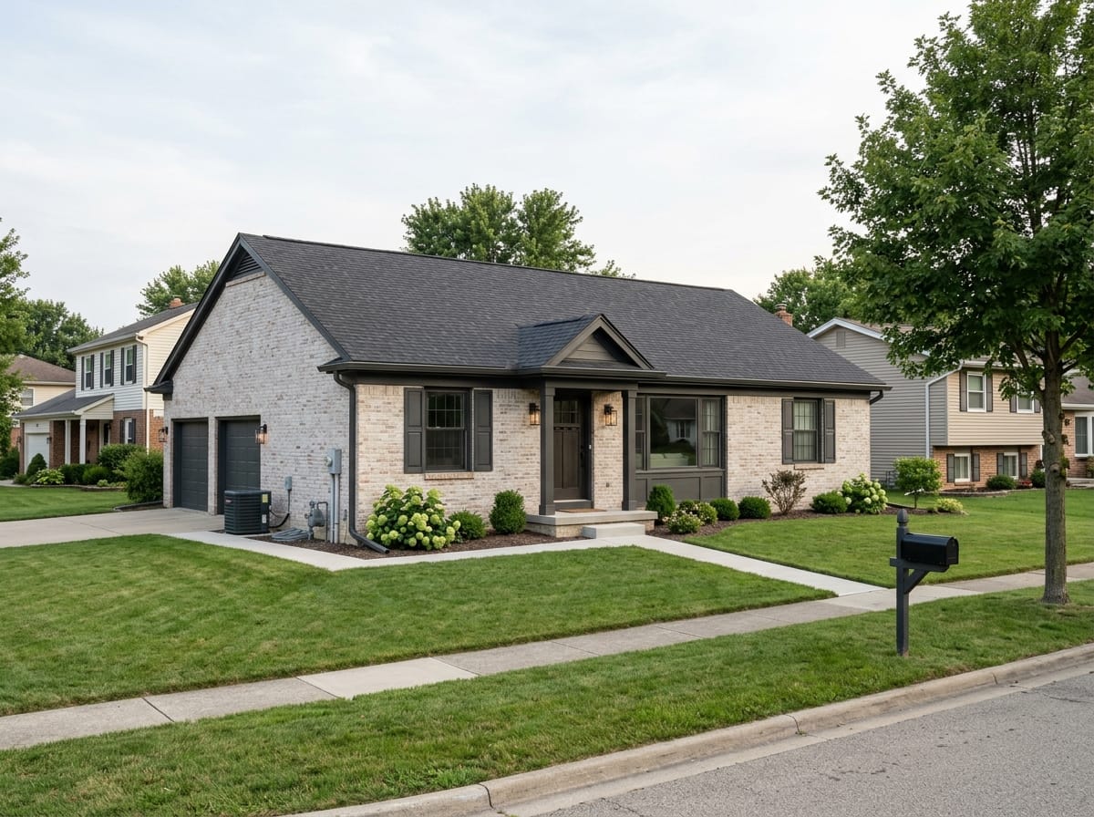 Ranch house with limewashed brick showing texture through a pale wash