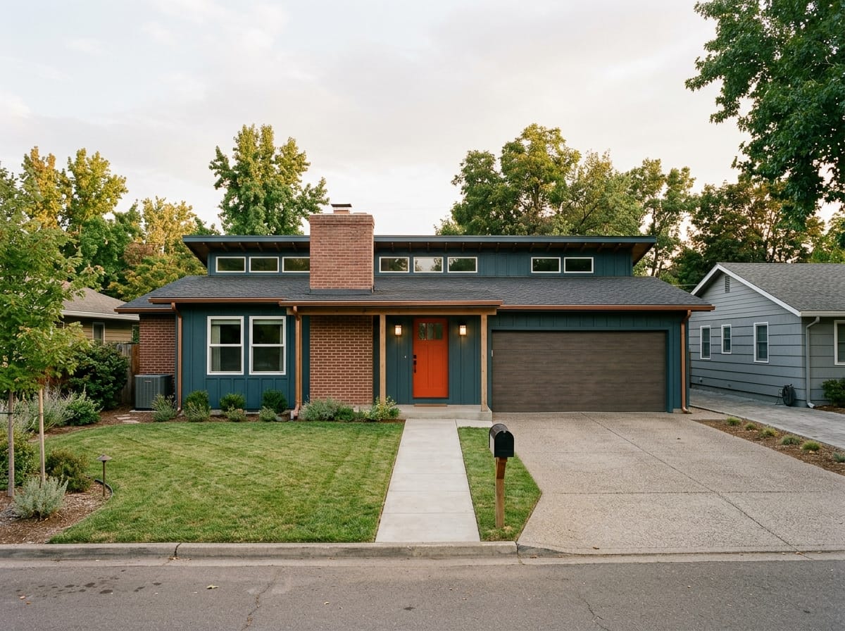 Restored mid-century ranch with deep color, wide fascia and a flat garage door
