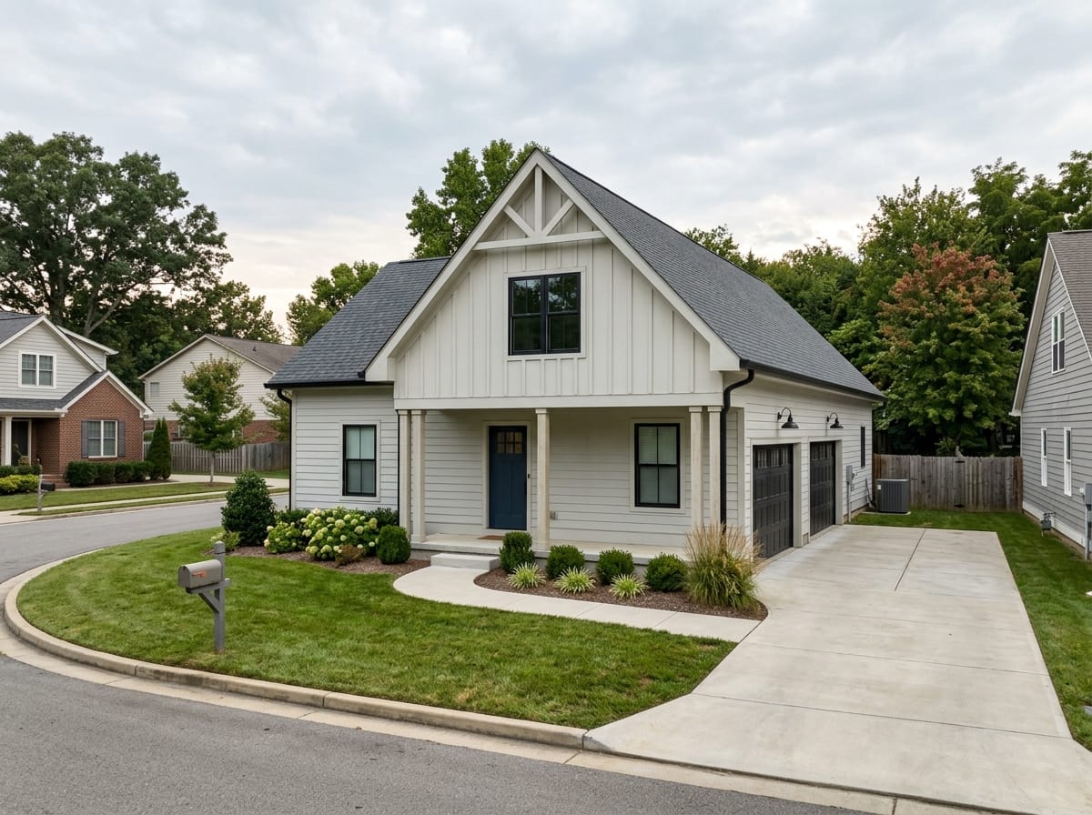 Ranch house in a modern farmhouse direction with a gable over the entry and board and batten siding