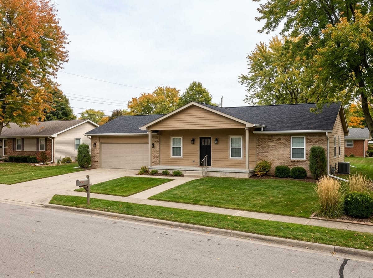 Long rambler style ranch with a projecting entry mass dividing the front elevation