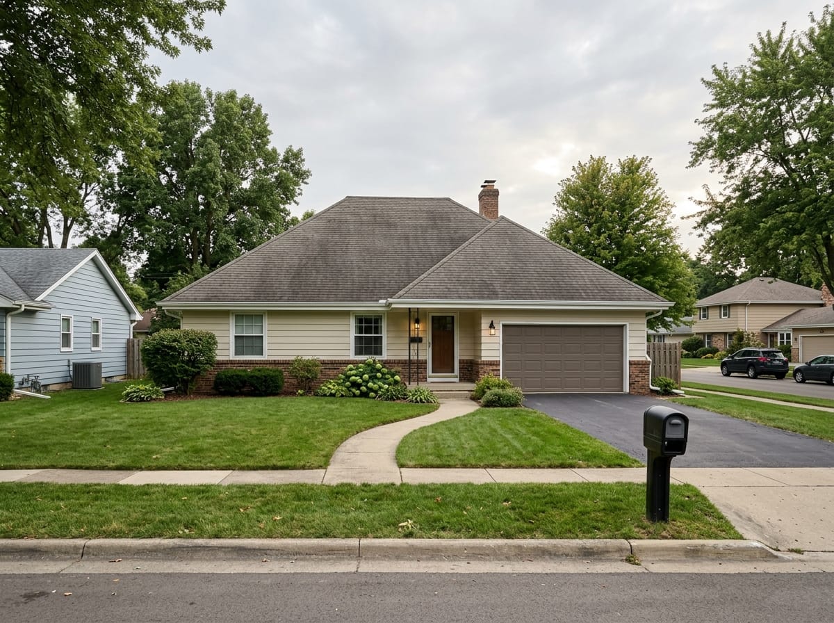 Ranch house seen from the street with the low roof taking up half the visible silhouette