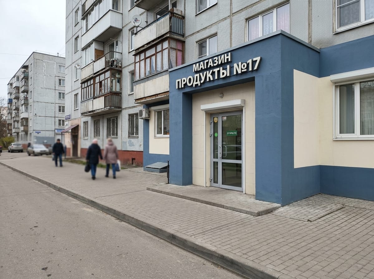Ухоженная входная группа магазина после нескольких лет эксплуатации с керамогранитным порталом