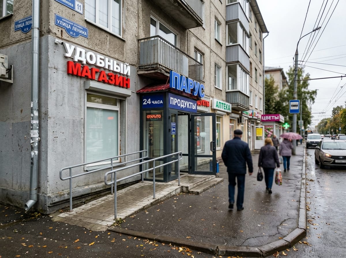 Входная группа магазина на первом этаже жилого дома с пандусом вдоль стены