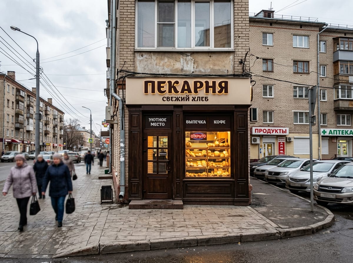 Вход пекарни с тёмным порталом, деревом и тёплой подсветкой витрины