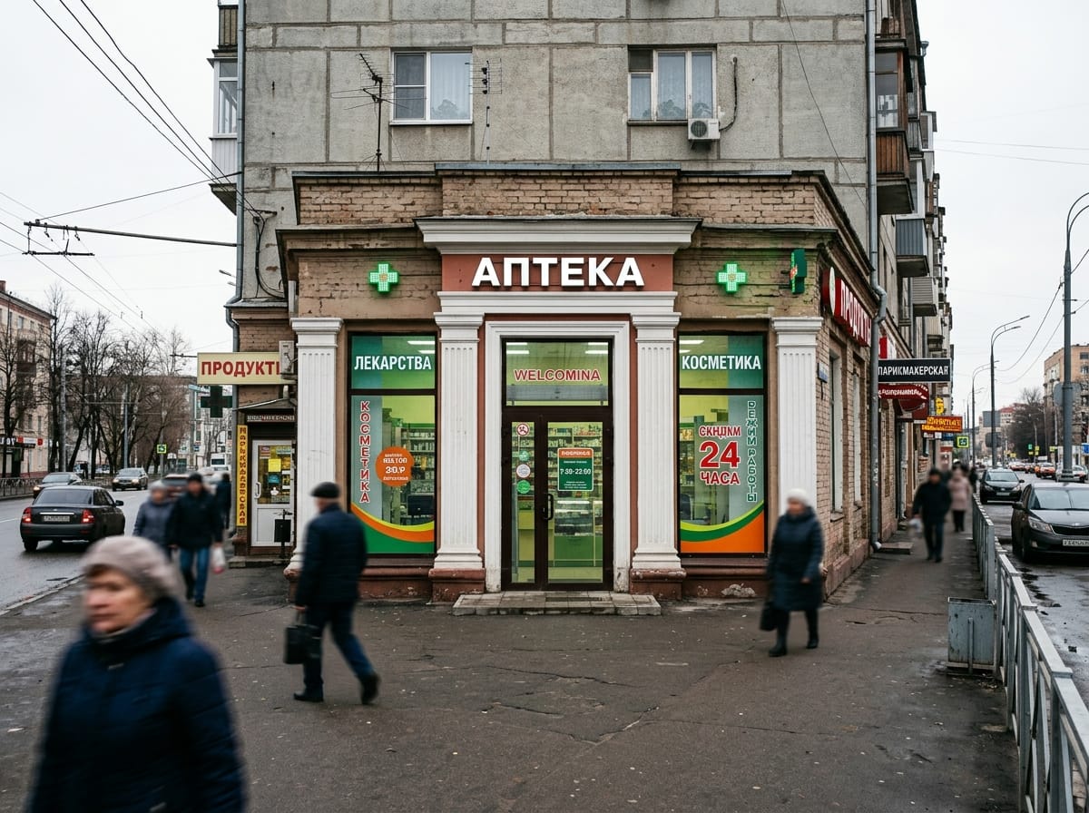 Классическая входная группа аптеки с пилястрами и распашными дверями