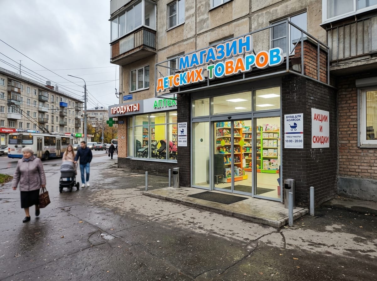 Вход детского магазина с широким проёмом под коляски без ступеней