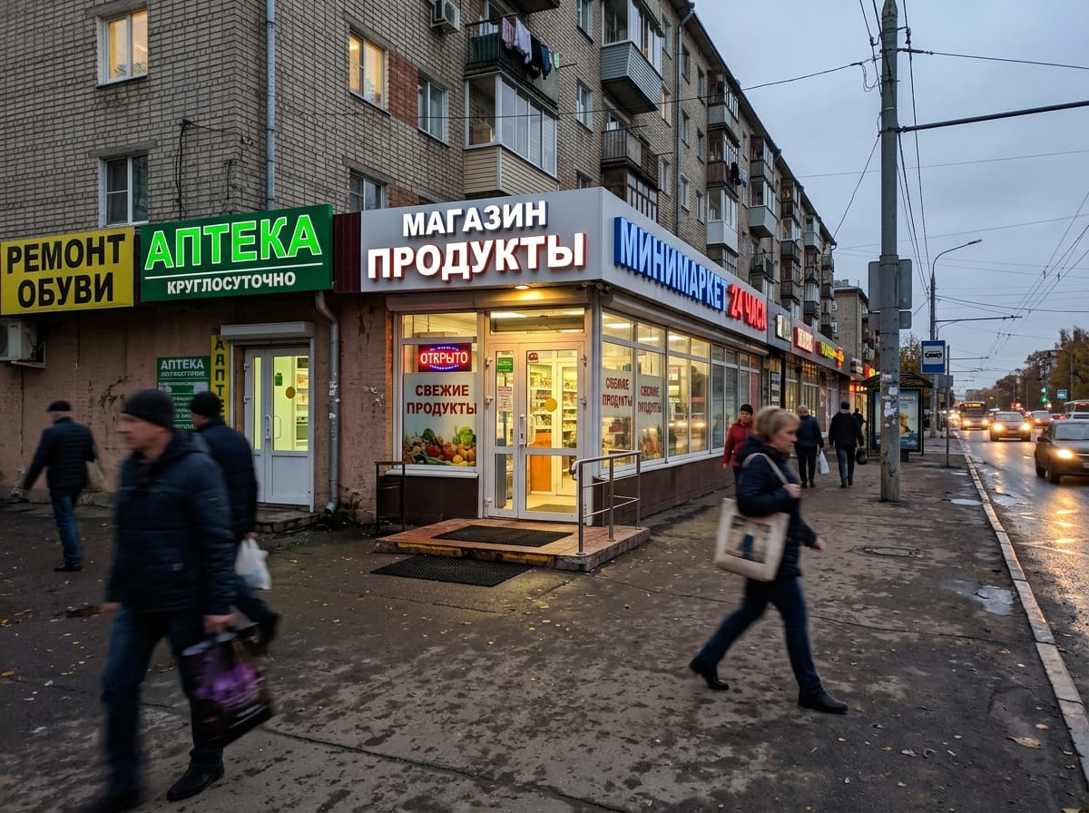Входная группа магазина вечером с подсвеченной вывеской, светящимся порталом и освещённой площадкой