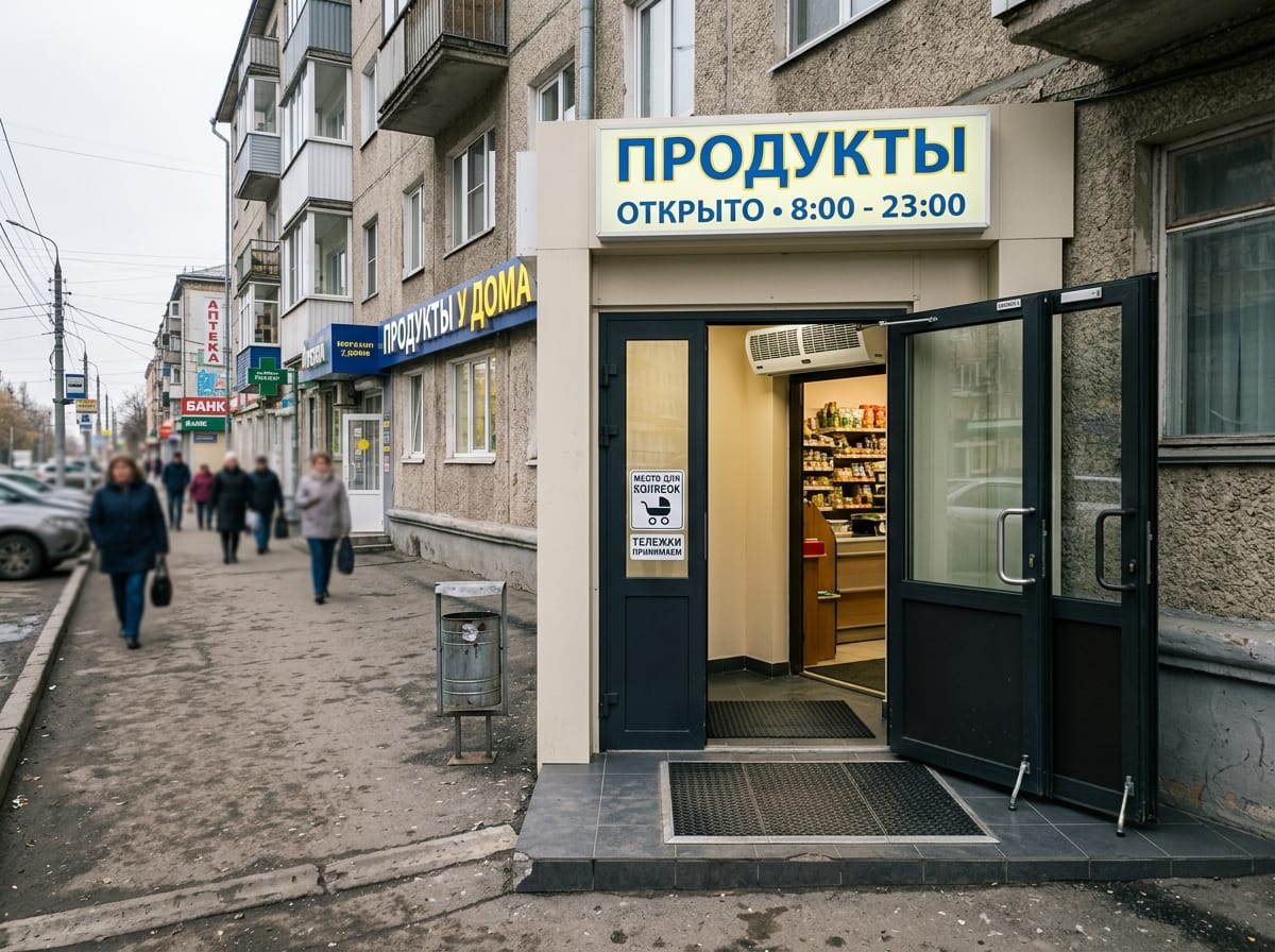 Входная группа магазина у дома с распашными стеклянными дверями и лайтбоксом