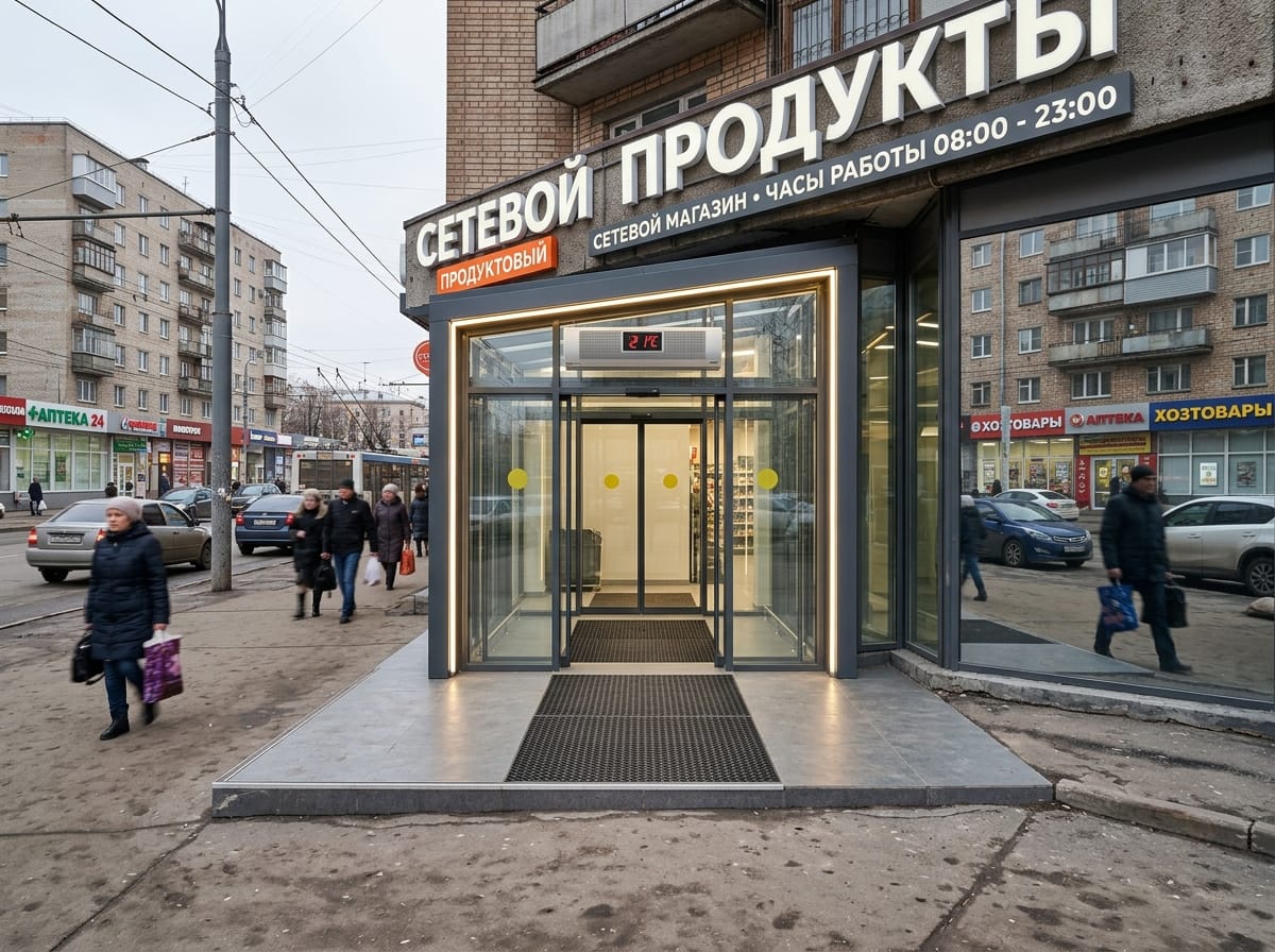 Вход сетевого продуктового магазина с раздвижными автоматическими дверями и стеклянным тамбуром