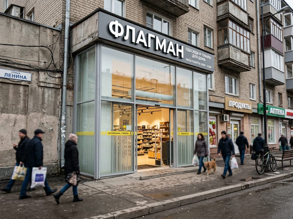 Стеклянный портал магазина в галерее торгового центра с широкими автоматическими дверями