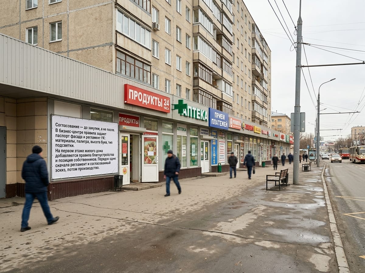 Согласованный эскиз входной группы офиса с вывеской на фризе и схемой подсветки