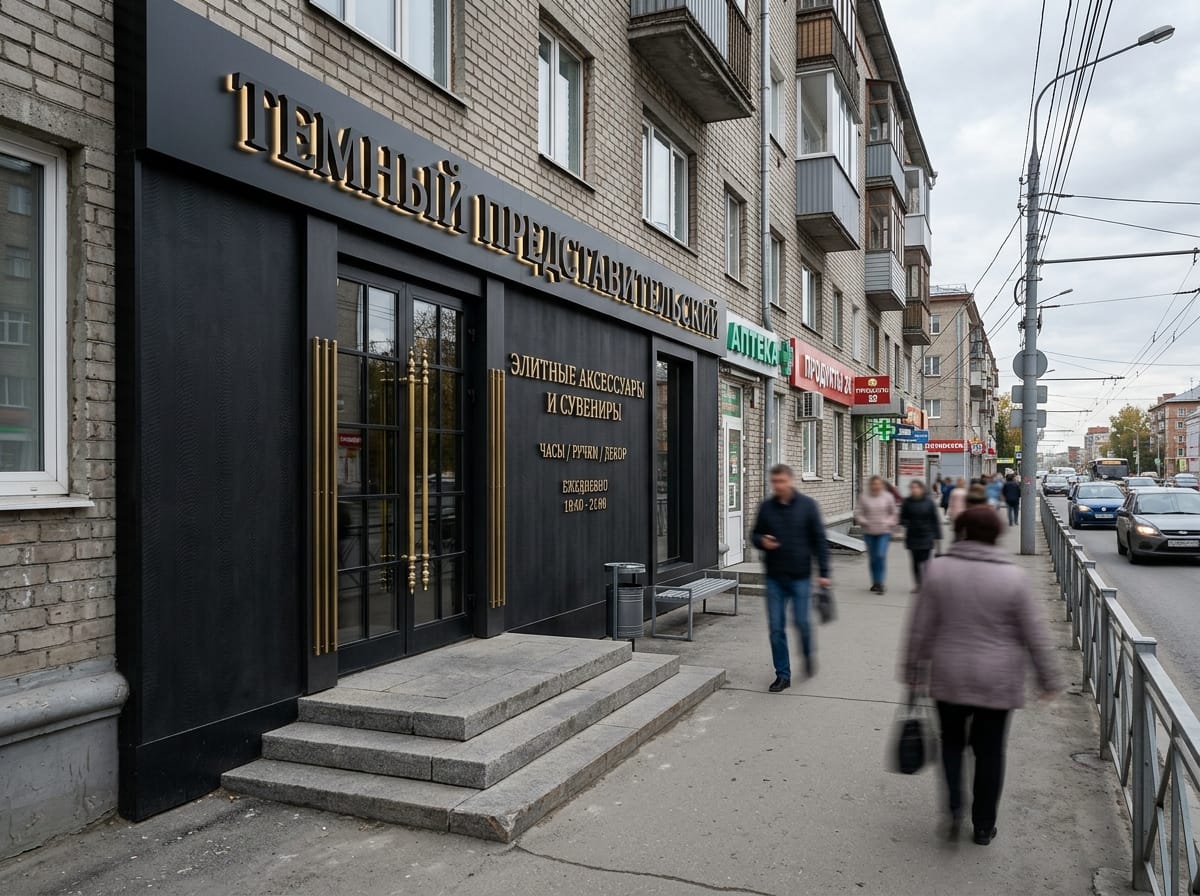Представительский вход офиса с чёрным порталом, латунью и каменным крыльцом
