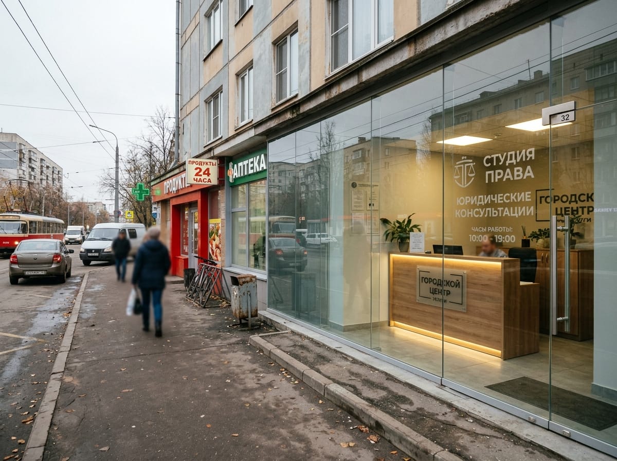 Прозрачный вход офиса с безрамным остеклением и освещённым ресепшеном за стеклом