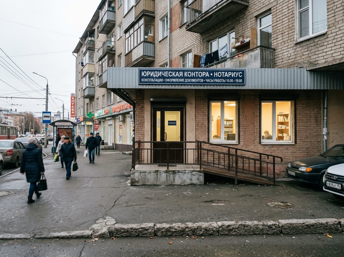 Вход офиса на первом этаже жилого дома с крыльцом, пандусом и вывеской на фризе