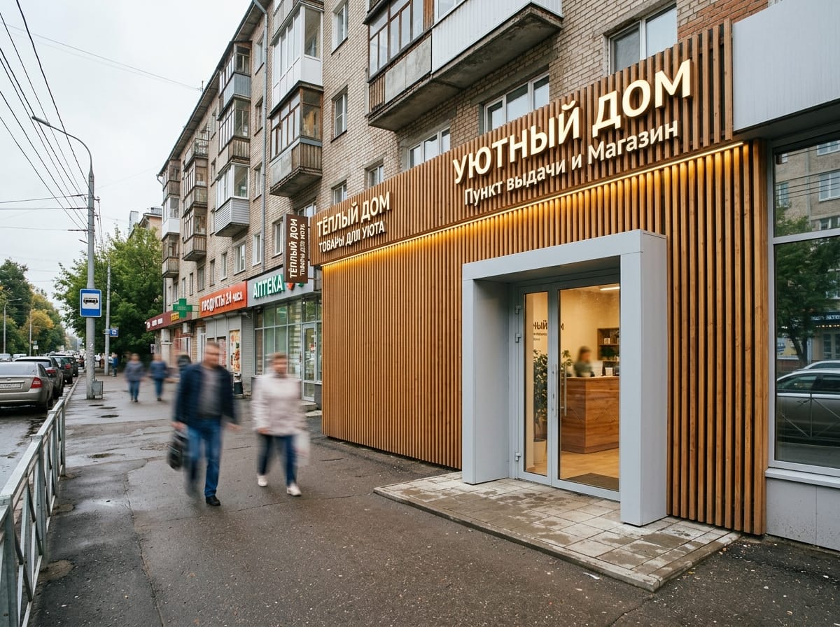 Вход офиса с деревянной реечной стеной и мягким тёплым освещением