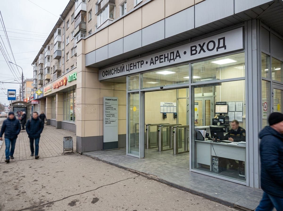 Входная зона офиса с тамбуром, стойкой охраны, турникетами и навигационным пилоном