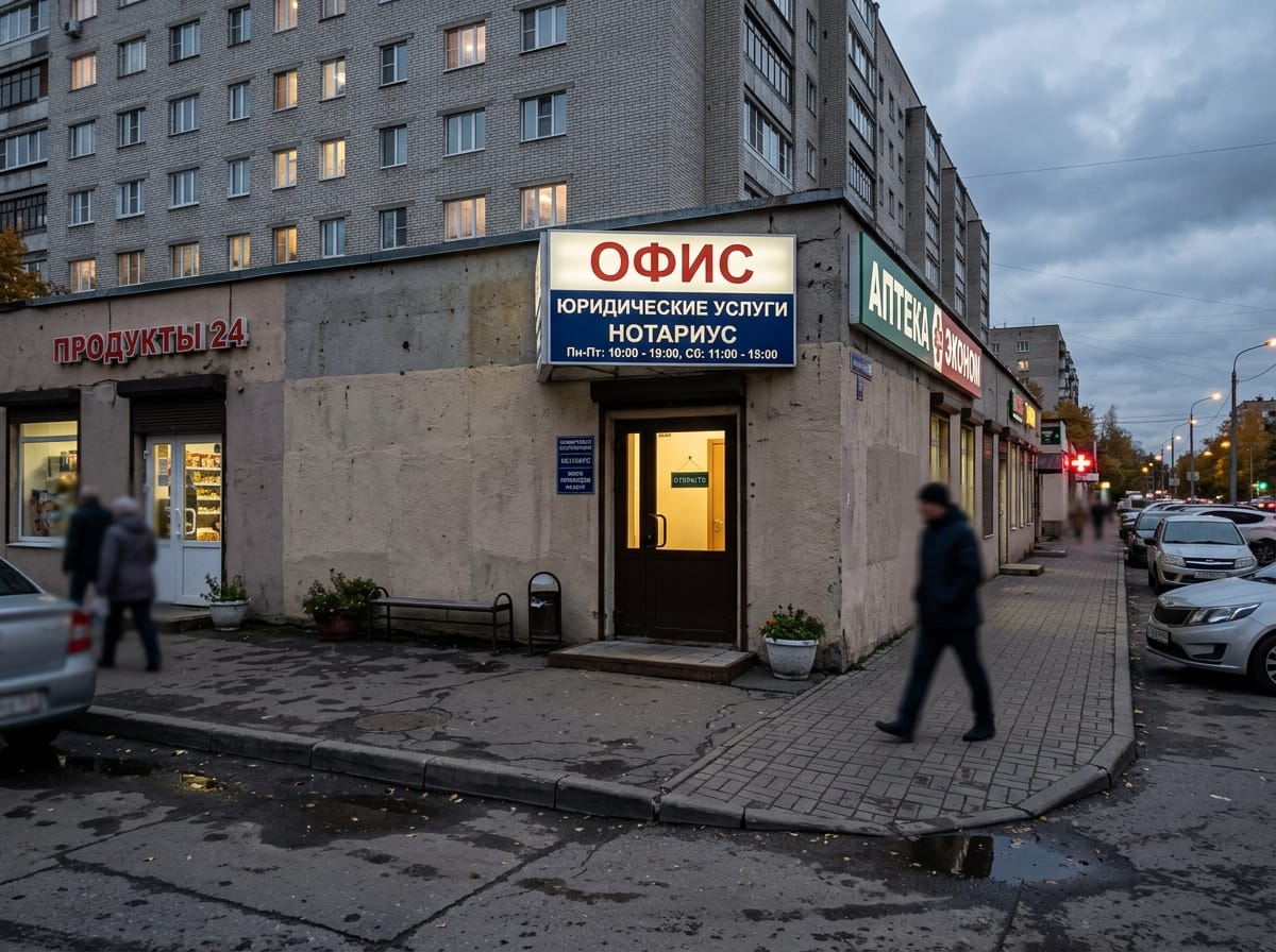 Входная группа офиса вечером с контурной подсветкой обрамления и освещённым ресепшеном за стеклом