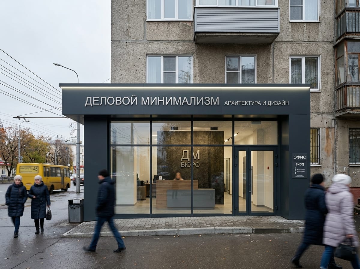 Входная группа офиса с антрацитовым порталом, стеклом в пол и стальными буквами на фризе