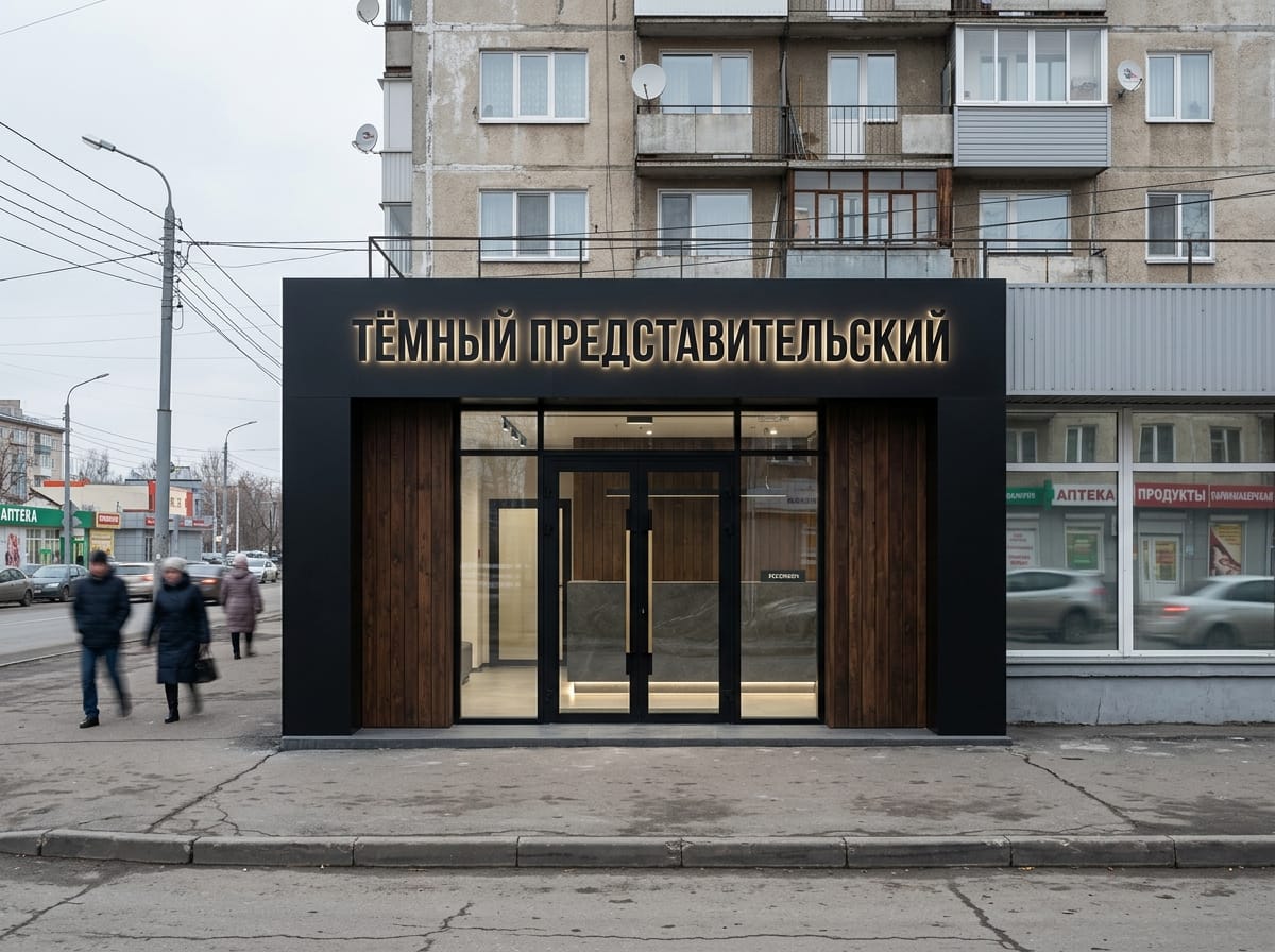 Тёмный представительский вход офиса с чёрным порталом, латунными ручками и подсвеченными буквами