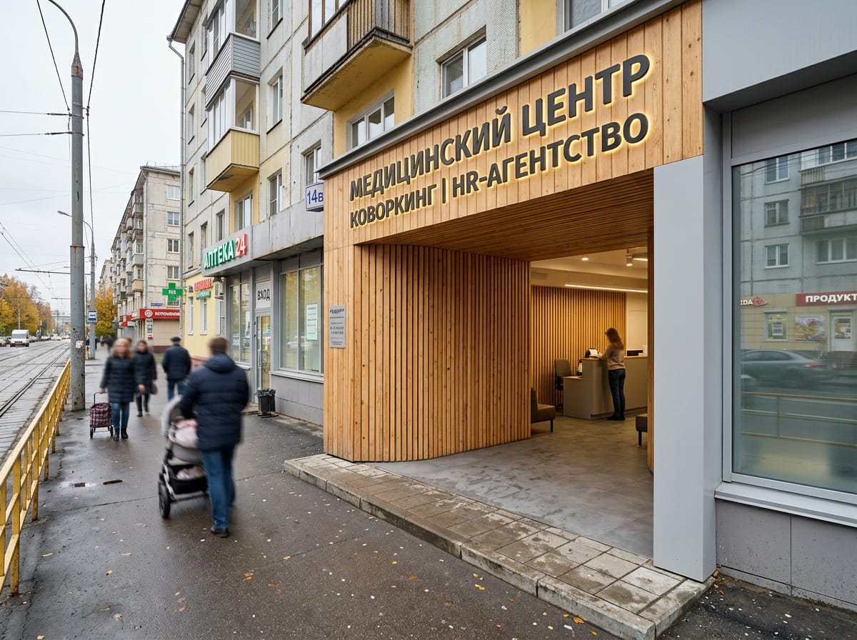 Вход офиса с реечной деревянной стеной, светло-серым порталом и тёплой подсветкой зоны ожидания
