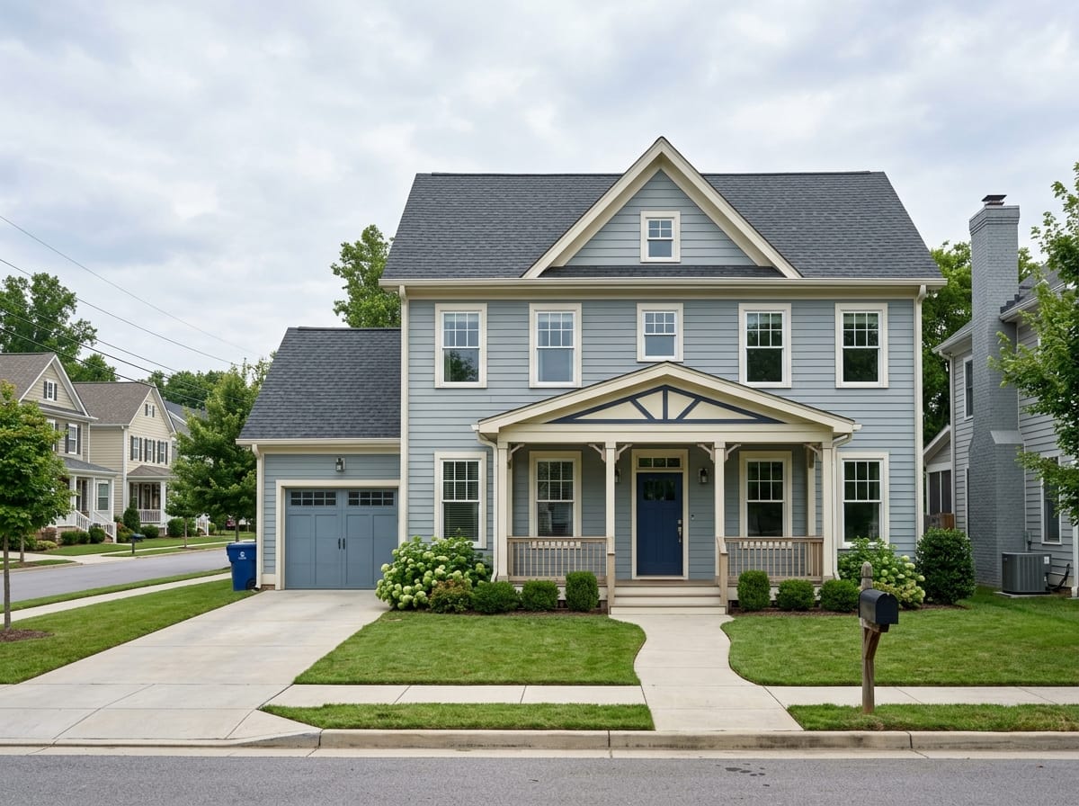 Folk Victorian farmhouse with a decorated front porch and a simple three color paint scheme