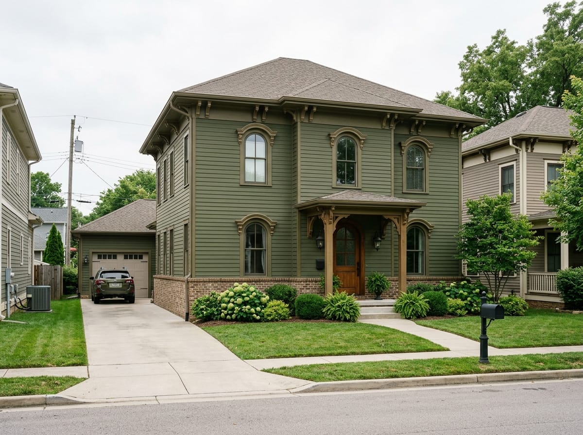 Italianate Victorian house with paired eave brackets, arched windows and hooded window crowns