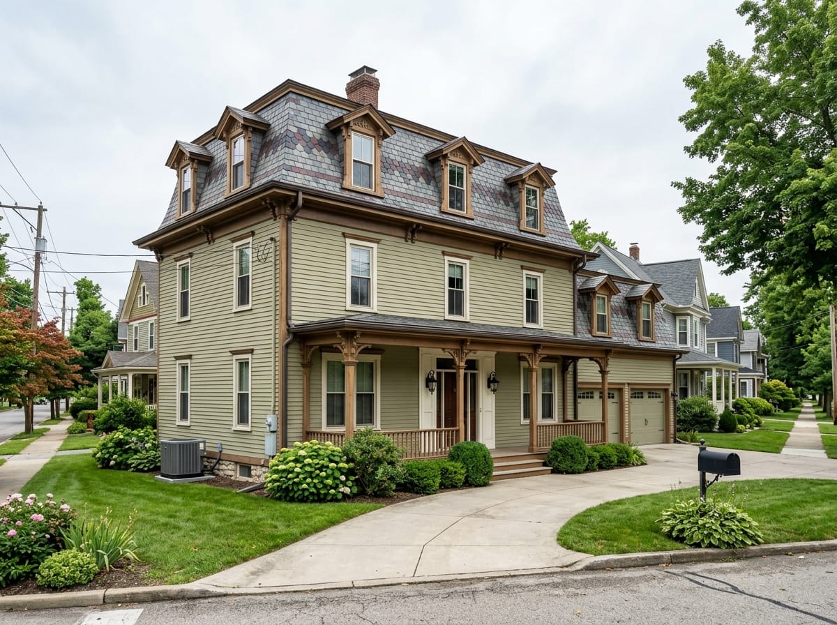 Second Empire Victorian house with a mansard roof, dormer windows and a bracketed cornice