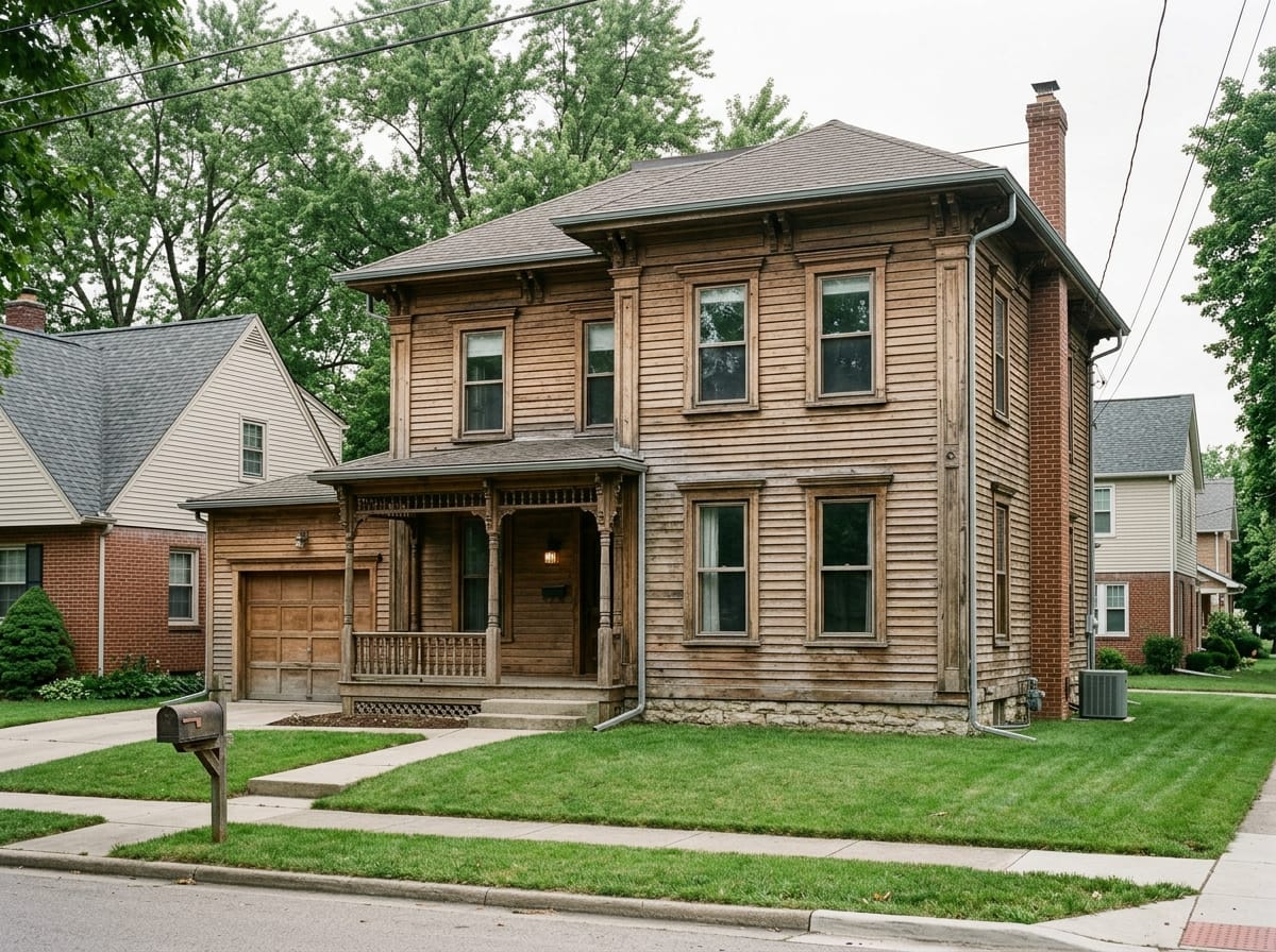 Victorian house with original wood clapboard and window trim uncovered after siding removal