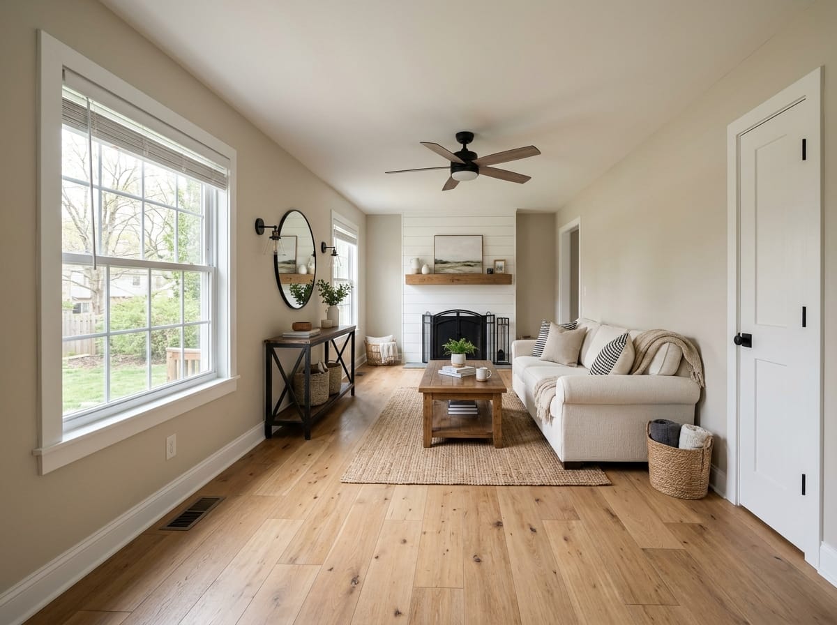 Modern farmhouse living room with wood and black hardware