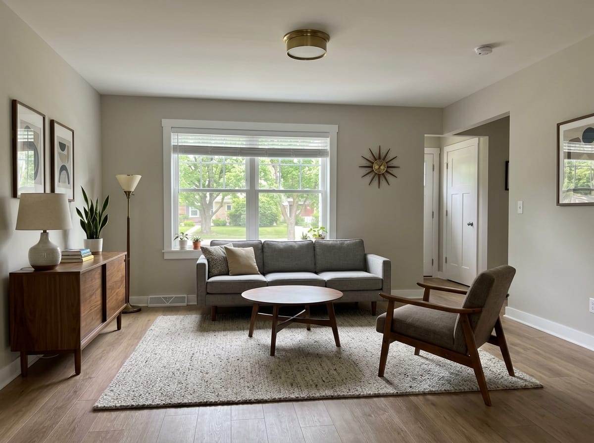 Mid-century living room with a low sofa on tapered legs