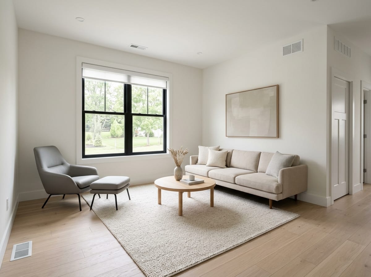 Minimal contemporary room with a few low-contrast pieces