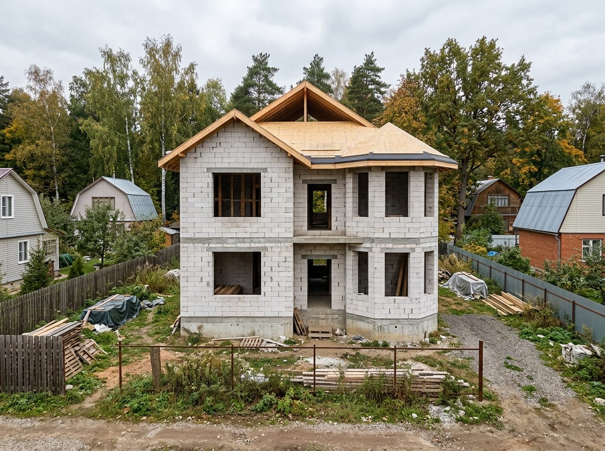 Визуализация фасада на фотографии недостроенного дома без отделки