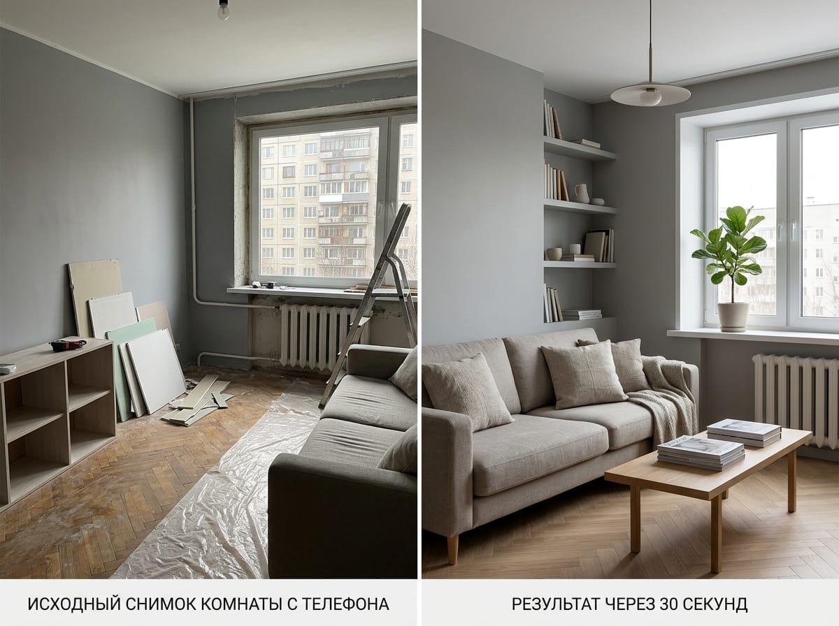 Фотография комнаты и её визуализация, созданная нейросетью