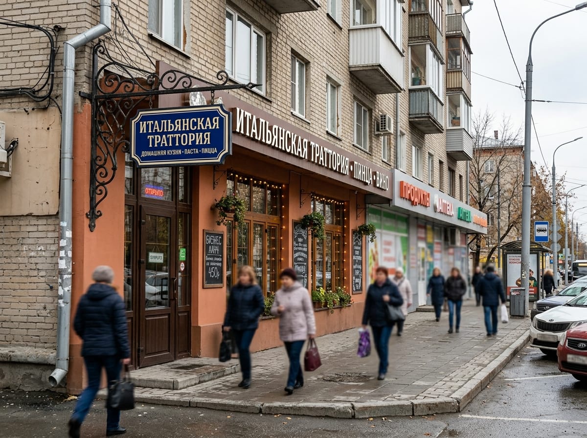 Эмалированная вывеска траттории на кованом кронштейне