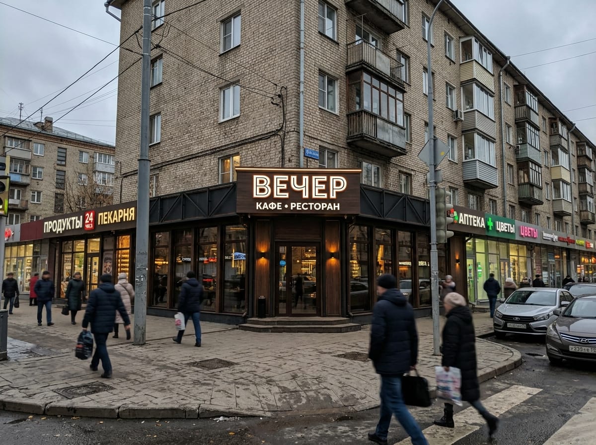 Фасад кафе вечером: деревянные буквы с контражуром, тёплый свет козырька и светящаяся витрина