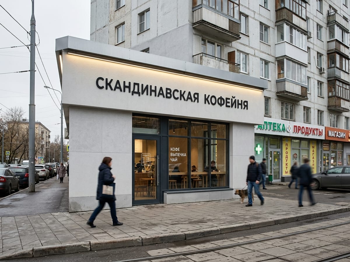 Вывеска скандинавской кофейни: светлая панель с плоскими чёрными буквами и тёплой подсветкой сверху