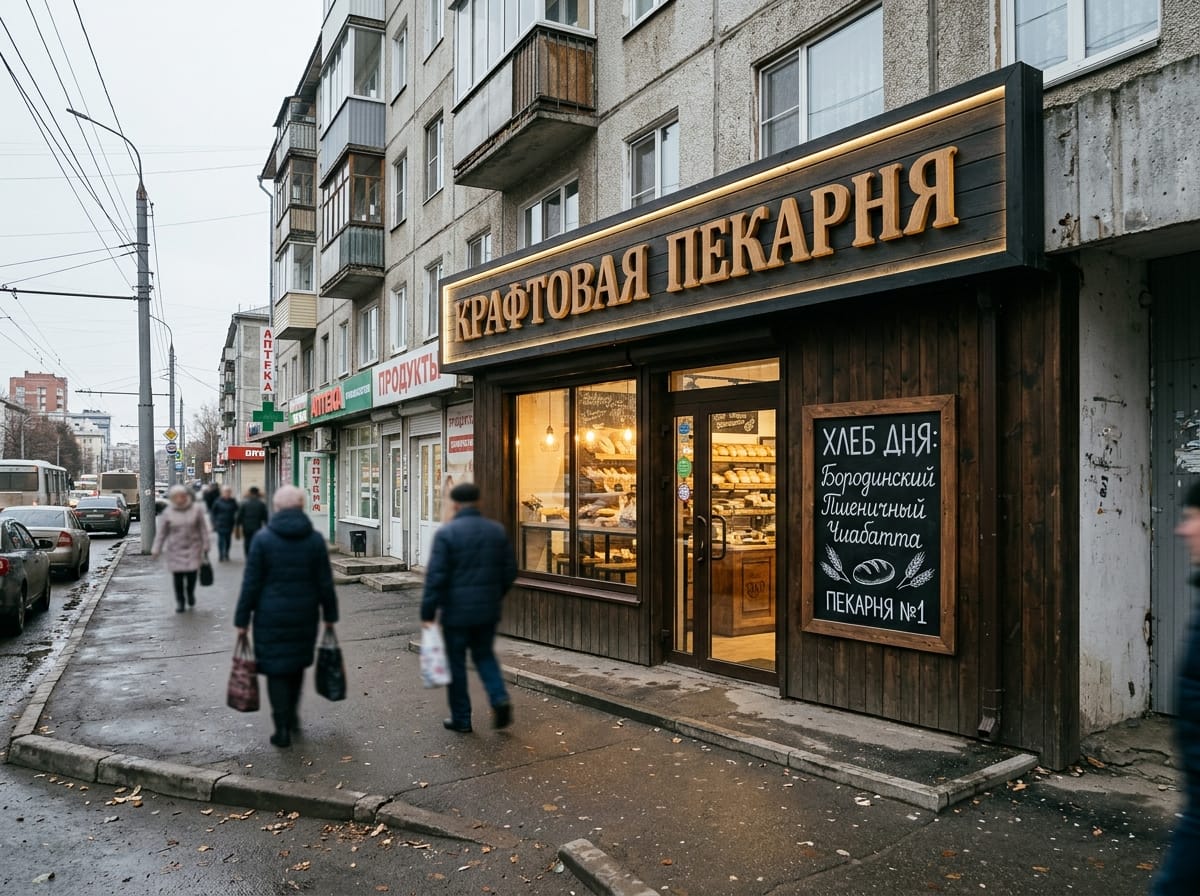 Деревянные буквы вывески пекарни с мягким контражуром и меловая доска у входа