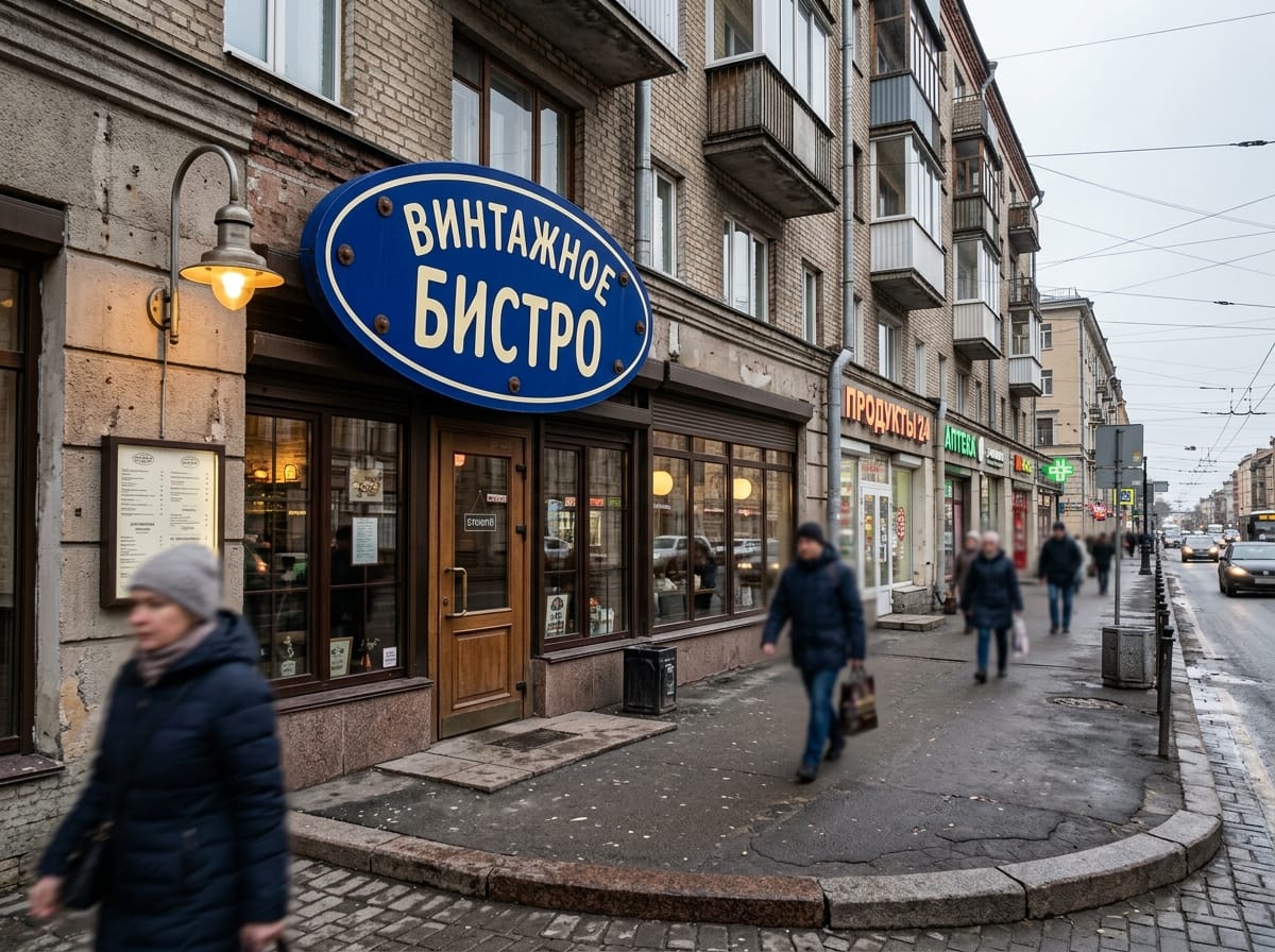 Винтажная эмалированная вывеска бистро на кованом кронштейне с уличным фонарём