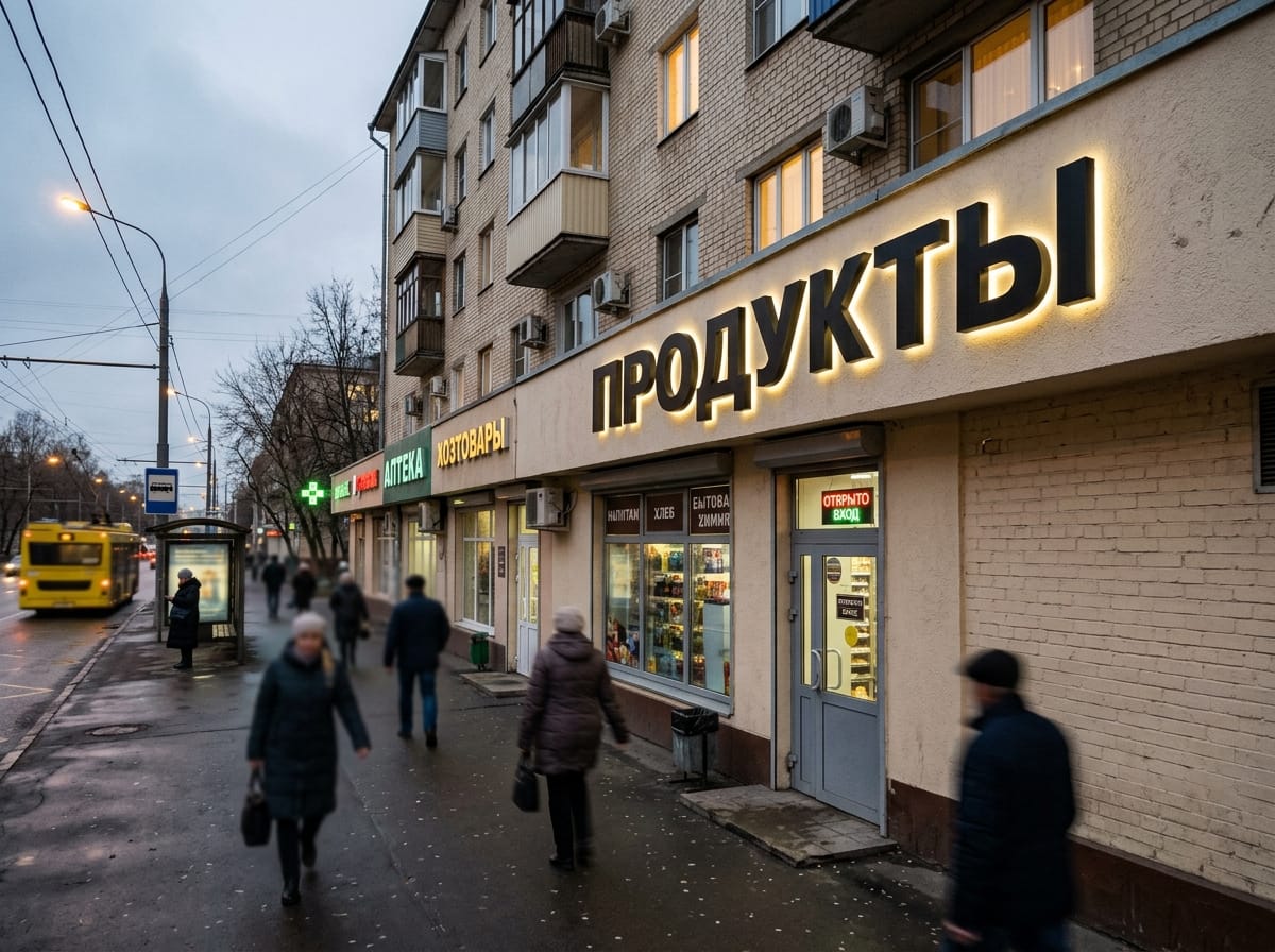 Вечерний фасад магазина с контражурной подсветкой букв вывески