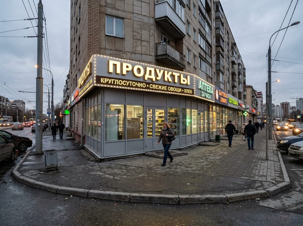 Вечерний фасад магазина с подсвеченной вывеской, освещённым фризом и витриной