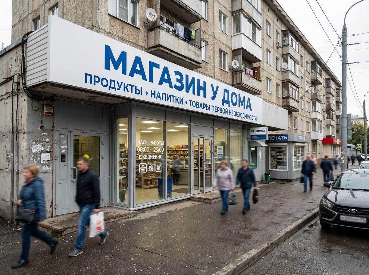 Фасад магазина у дома с горизонтальным лайтбоксом и плёночной аппликацией на витрине