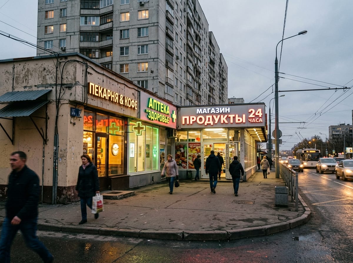 Вывеска на фасаде с контражурной подсветкой букв и прожекторами на выносных кронштейнах