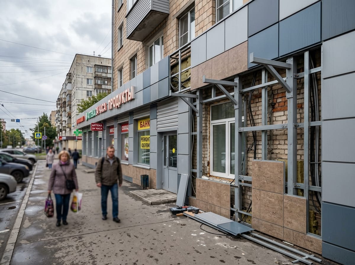 Вывеска на вентилируемом фасаде на собственной стальной раме сквозь вентзазор