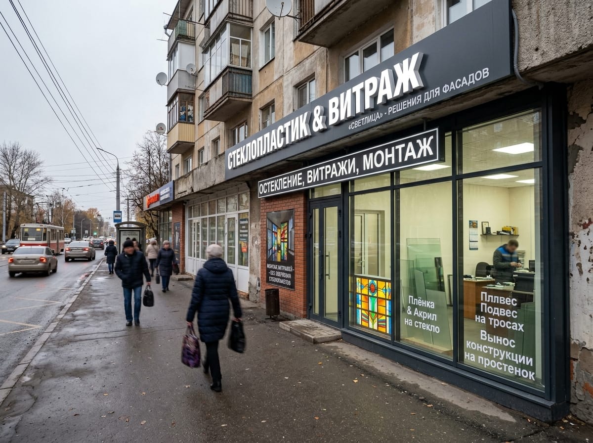 Вывеска на стеклянном фасаде: литеры на полотне и подвес от витражного профиля