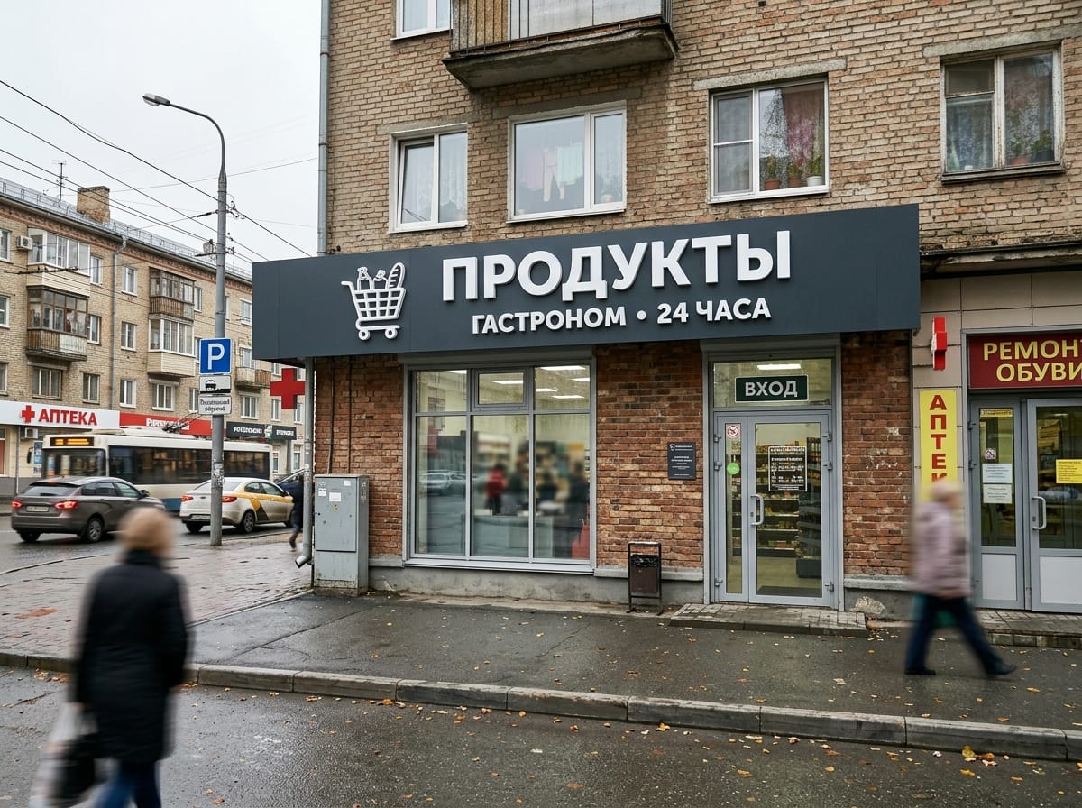 Вывеска офиса на тёмной композитной подложке на кирпичном фасаде