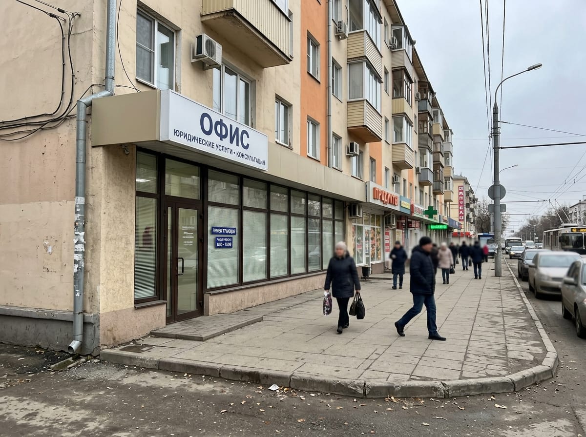 Вывеска офиса над входом на первом этаже жилого дома в единой вывесочной полосе