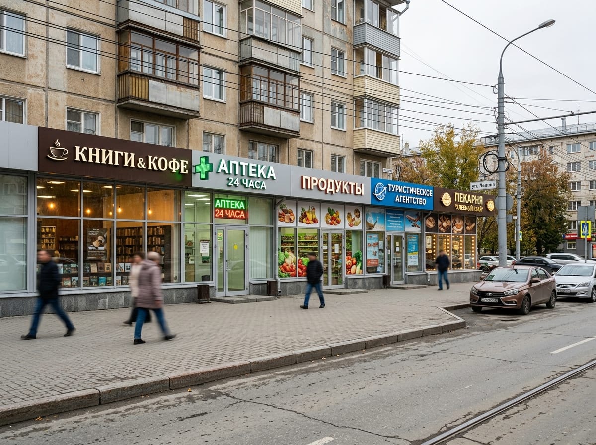 Фасад бизнес-центра с рядом одинаковых по размеру вывесок разных арендаторов