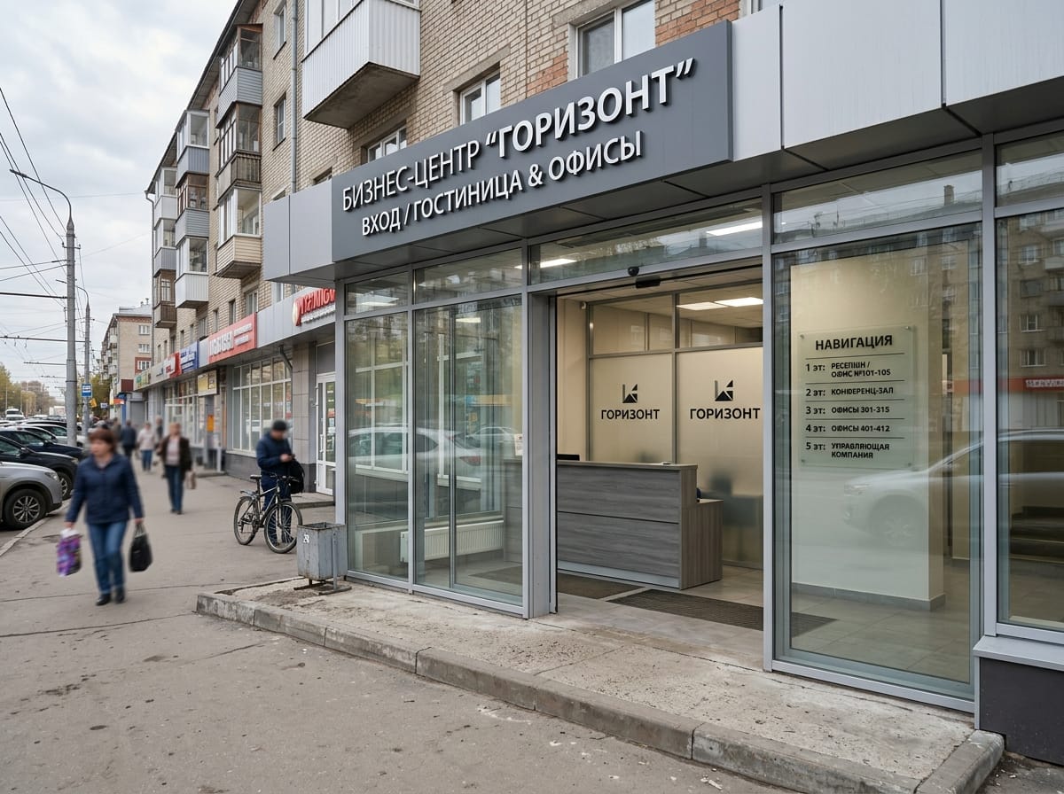 Стеклянная перегородка ресепшн офиса с матовыми логотипами и указателем этажей
