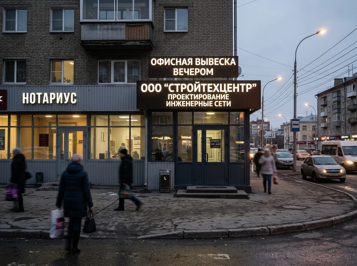 Вывеска офиса с контражурной подсветкой и освещённой входной группой вечером